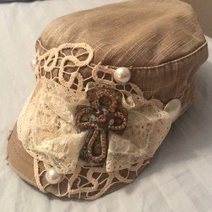 Hand crafted hat with vintage doily